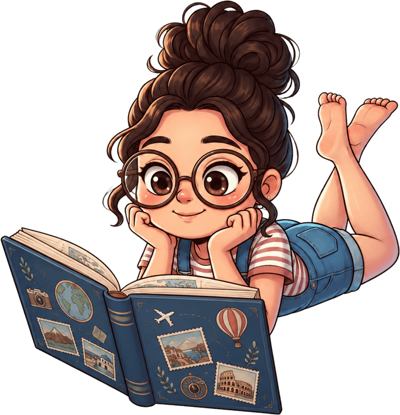 Illustration of Aarya lying on her stomach, chin in her hands, reading a travel journal covered in stamps